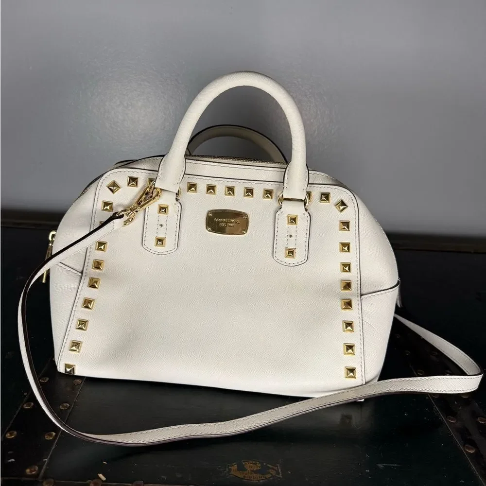 Michael Kors Selma Studded Saffiano Leather  White Handbag